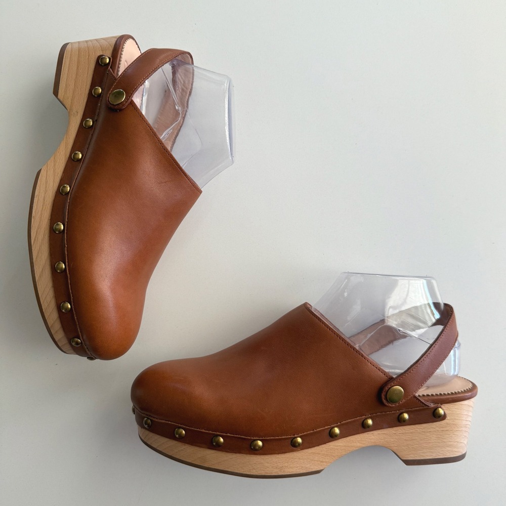 J Crew EUC Convertible Leather Wooden Sole Brass Stud Cognac Clogs sz 8 1/2